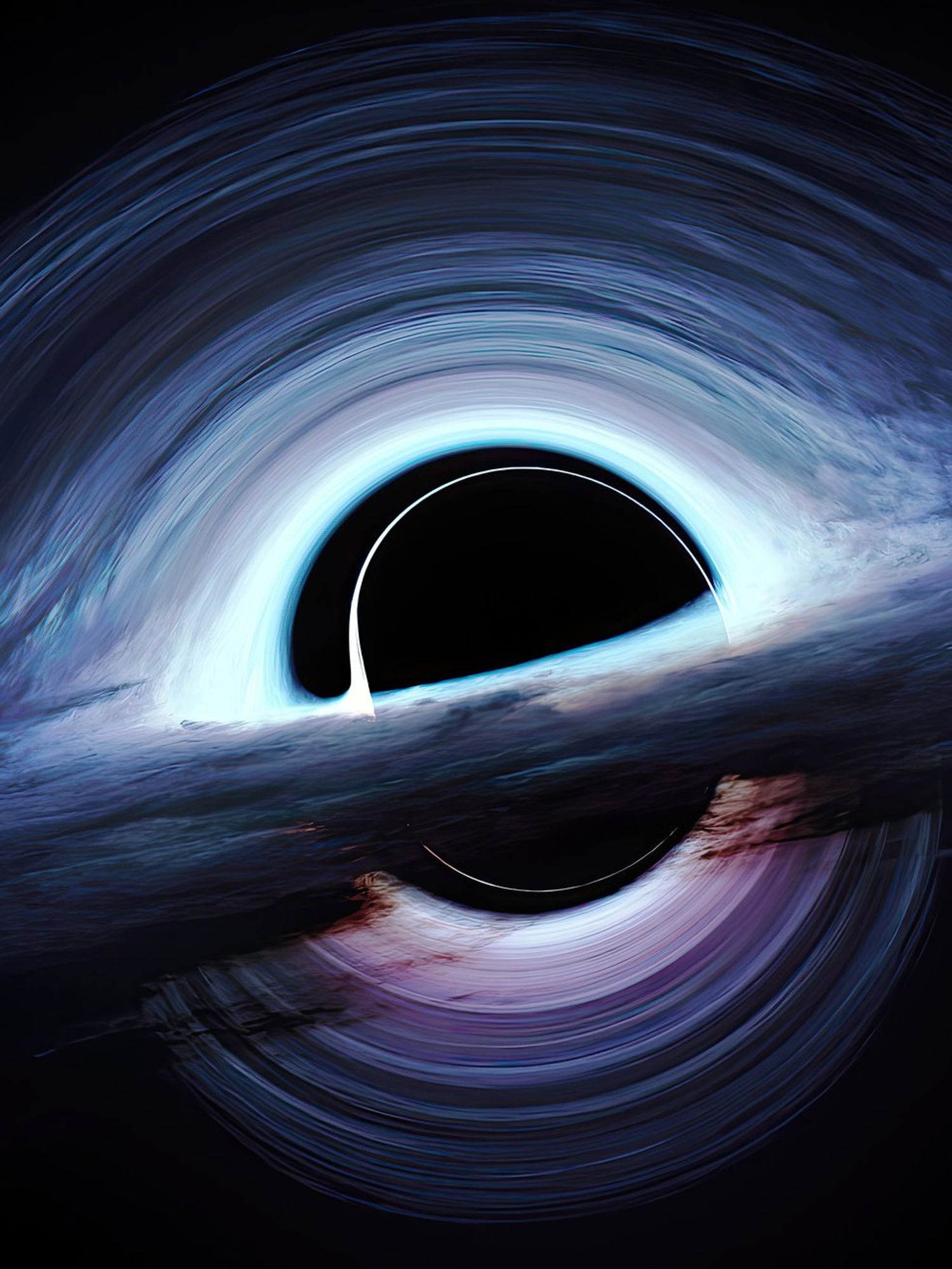 An illustration of a swirling black hole, with a lighter blue light at its centre.