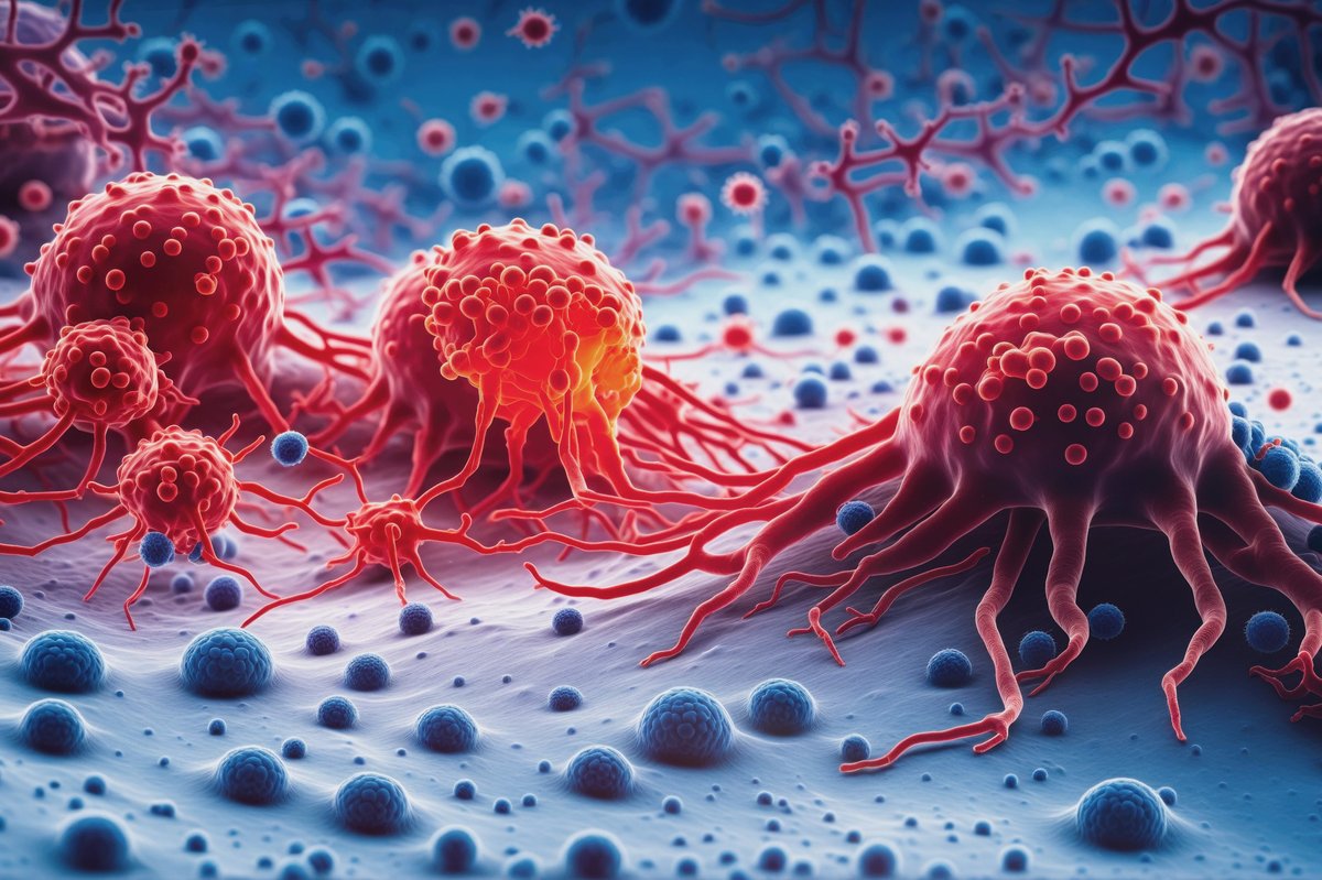 An illustration of red cancer cells resting on a grey bumpy terrain.
