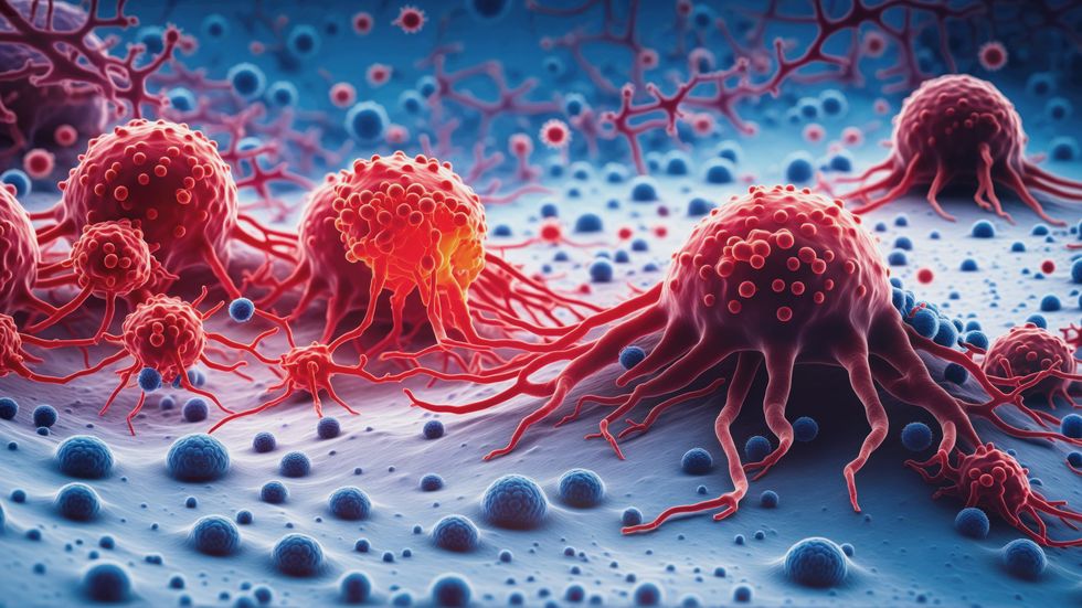 An illustration of red cancer cells resting on a grey bumpy terrain.