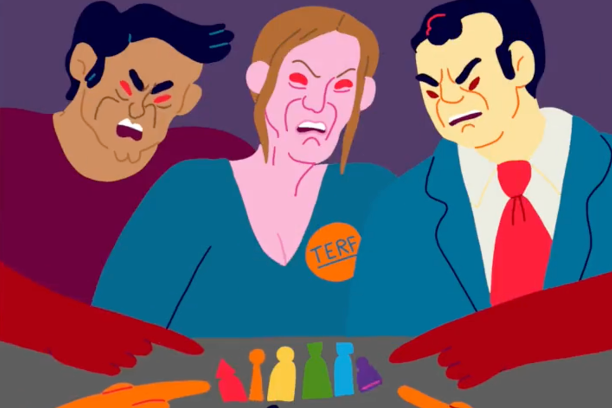 An illustration showing three people with red eyes and angry facial expressions towering over six figures in rainbow colours. Left is a brown man with short black hair, right is an Asian man with short black hair and a suit, and in the middle is a white woman with short brown hair and a blue shirt with an orange badge saying 'Terf' on it.