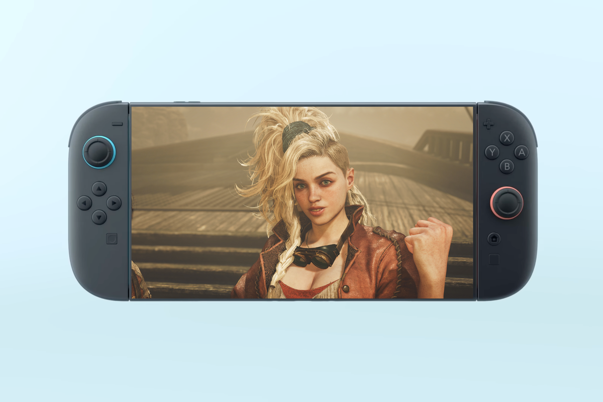 An image of a screenshot of the Nintendo Switch 2 console with an official screenshot of Monster Hunter Wilds on top of it