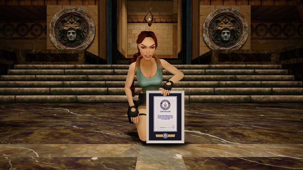 An image of Lara Croft holding an official Guinness World Record