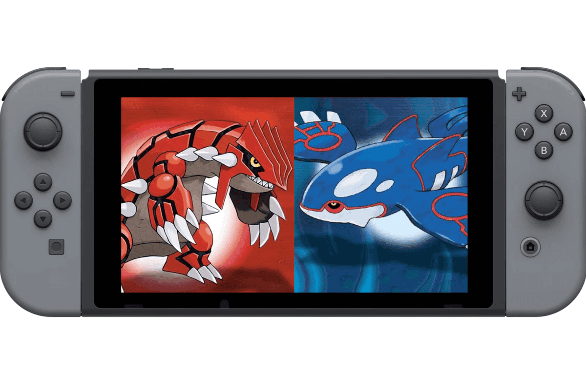 An image of official artwork from Pokemon Ruby & Sapphire overlaid on top of a screenshot of the Nintendo Switch console from the first-time use video