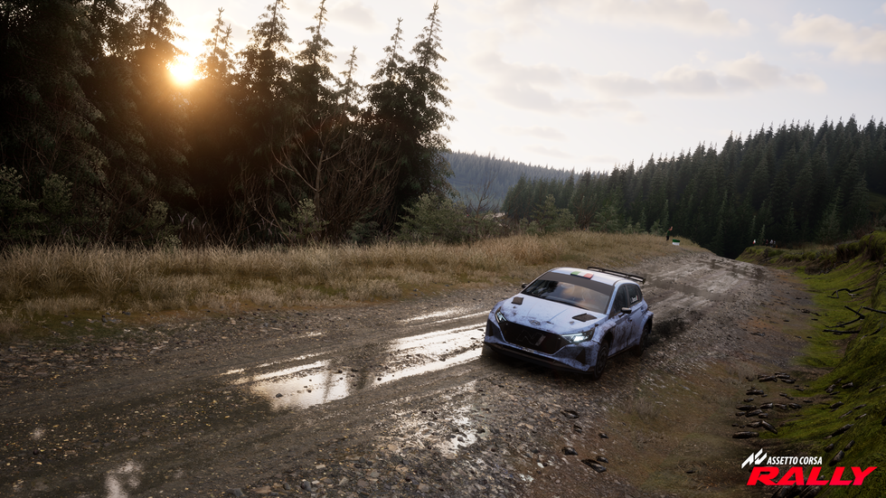An image of the Hyundai i20 racing in Wales in Assetto Corsa Rally