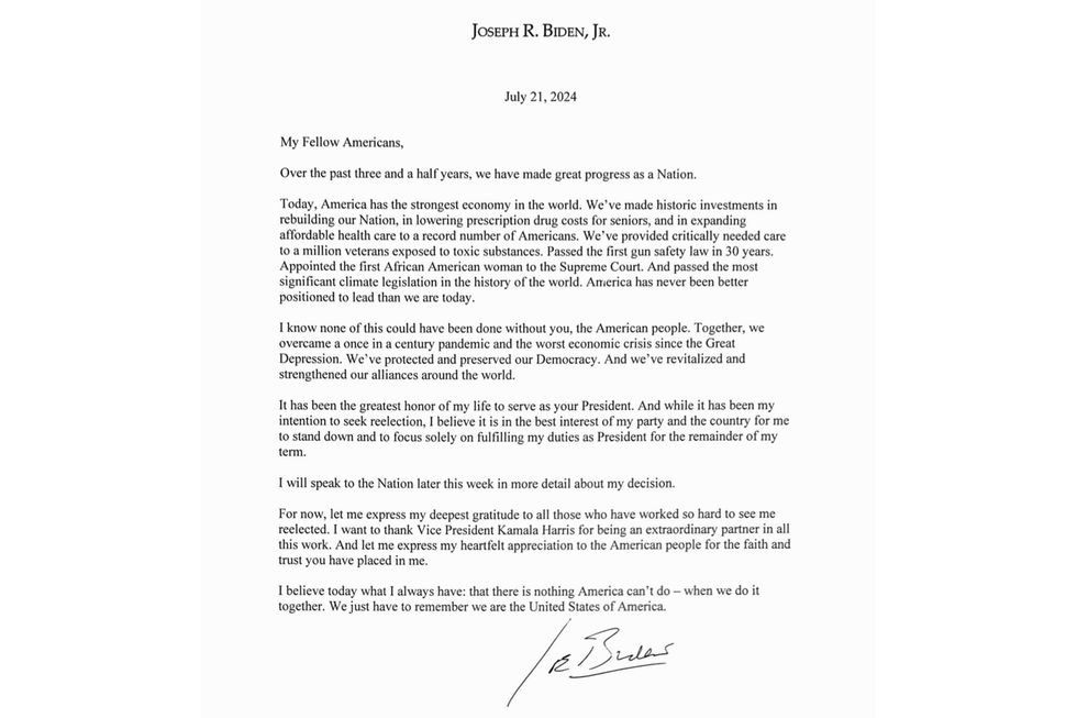 An image of the letter published by Joe Biden announcing his withdrawal from the 2024 US presidential race