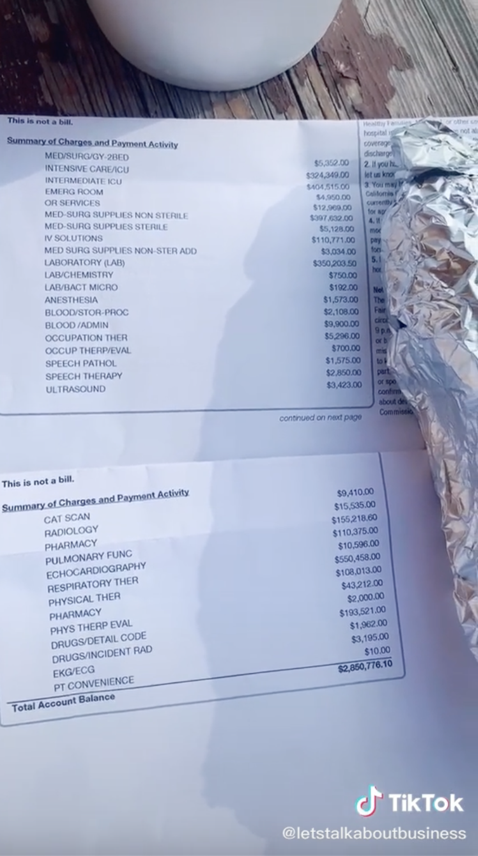 An itemized breakdown of the hospital charges.