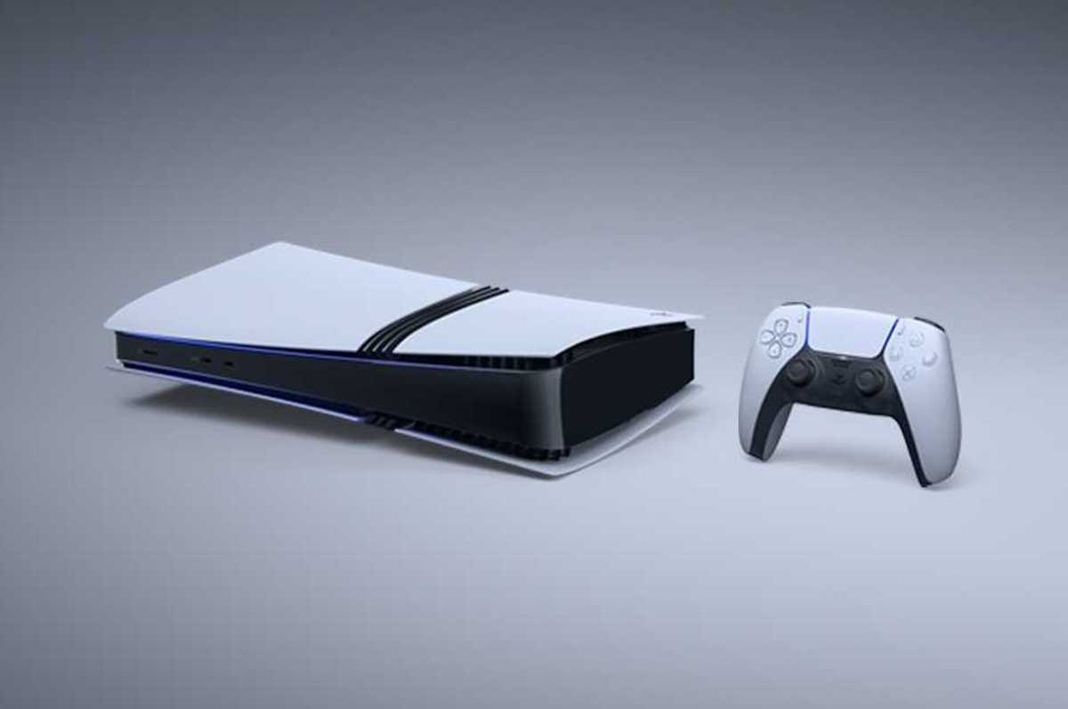 An official product image of a PS5 Pro console with a DualSense controller