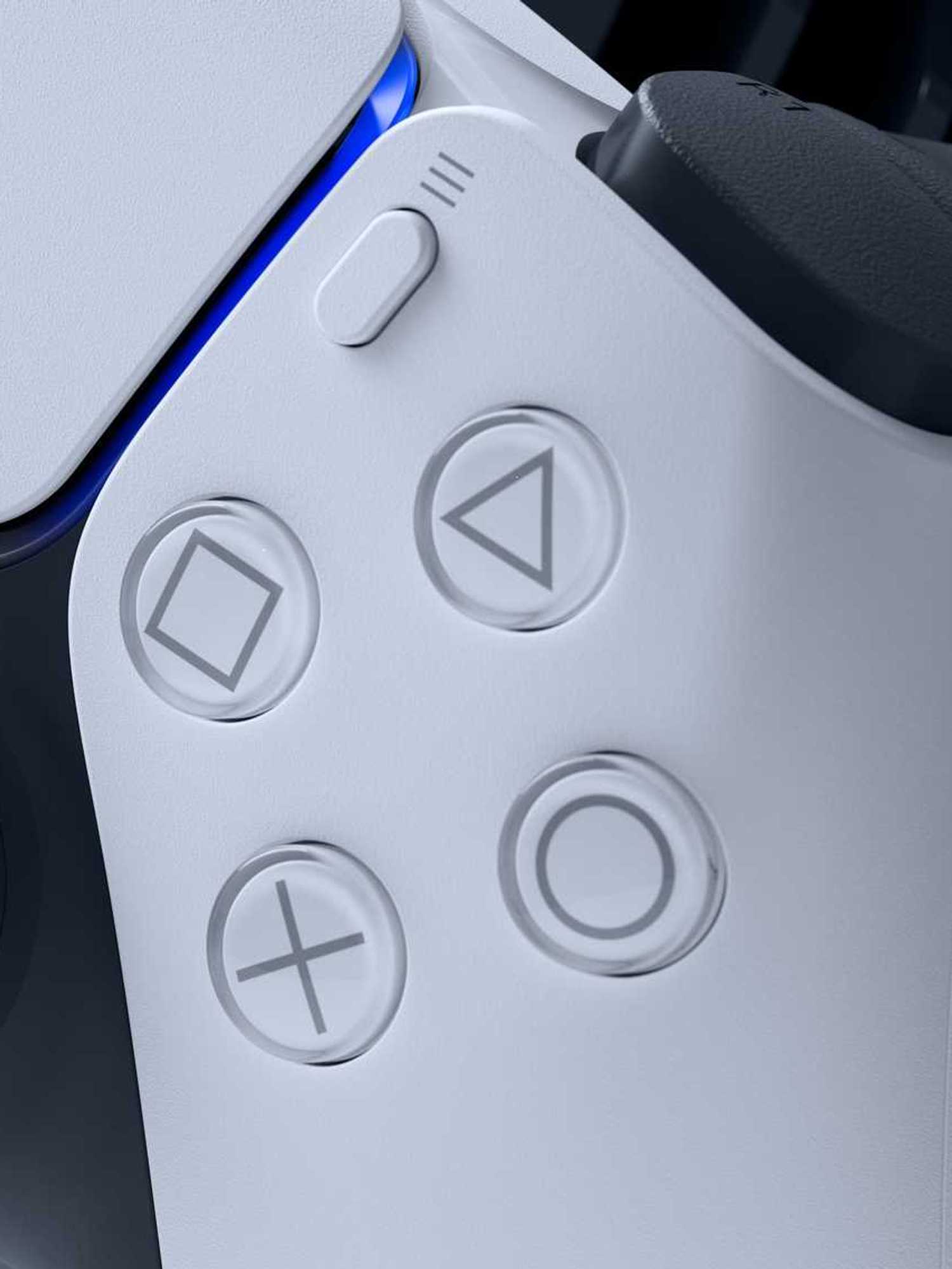 An official product image of the PlayStation DualSense wireless controller with a PS5 console in the background