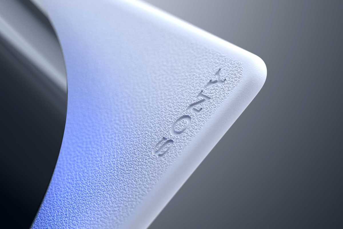 An official product image of the PS5 console with the Sony logo showing