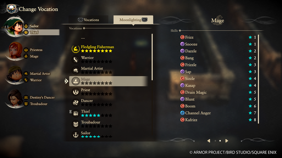 An official screenshot in Dragon Quest VII Reimagined of the menu and character moonlighting