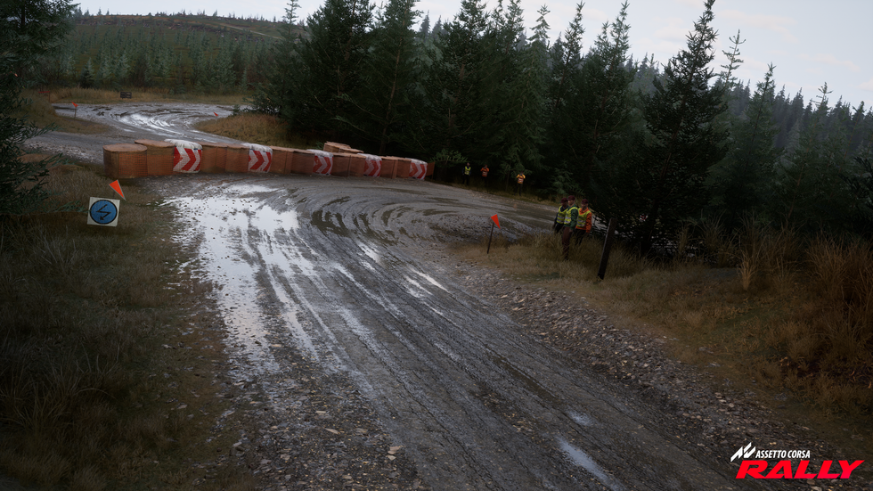 An official screenshot of a a wet Welsh rally in Assetto Corsa Rally