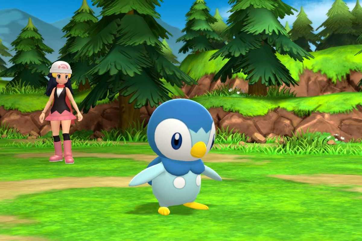 An official screenshot of a female trainer and Piplup from Pokemon Brilliant Diamond & Shining Pearl