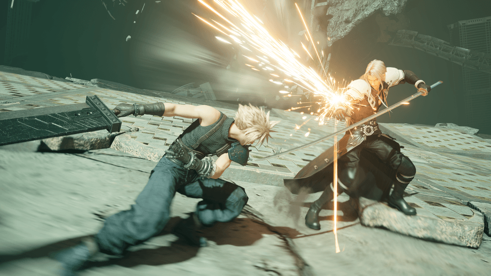 An official screenshot of Cloud battling Sephiroth in Final Fantasy 7 Remake Intergrade