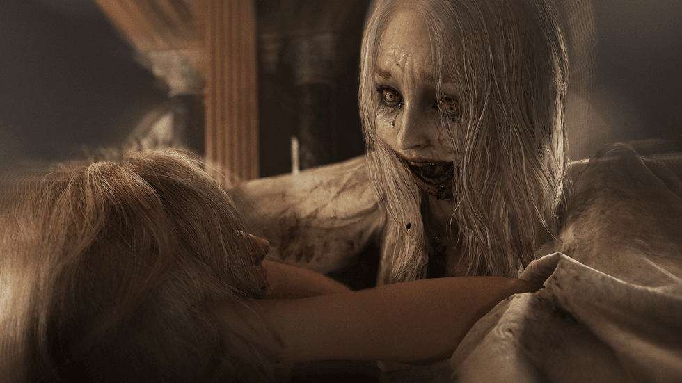 An official screenshot of Grace being attacked by an infected enemy in Resident Evil Requiem