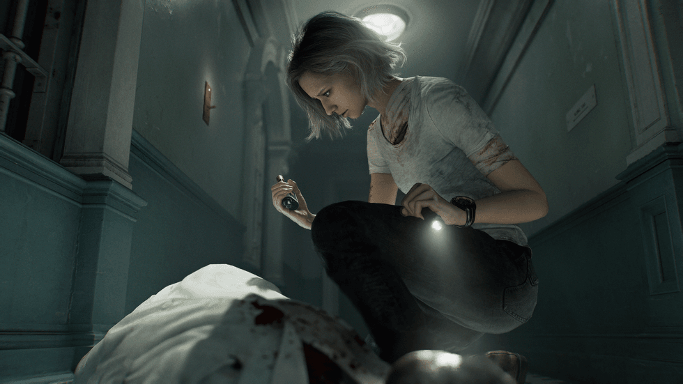 An official screenshot of Grace collecting a blood sample from an infected enemy in Resident Evil Requiem