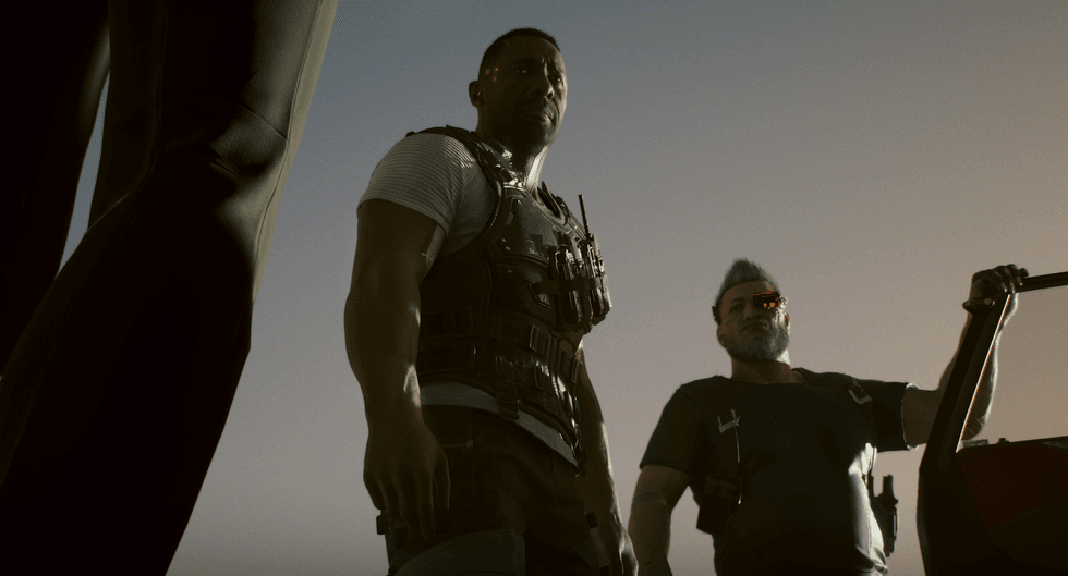 An official screenshot of Idris Elba's character Solomon Reed in Cyberpunk 2077 Phantom Liberty