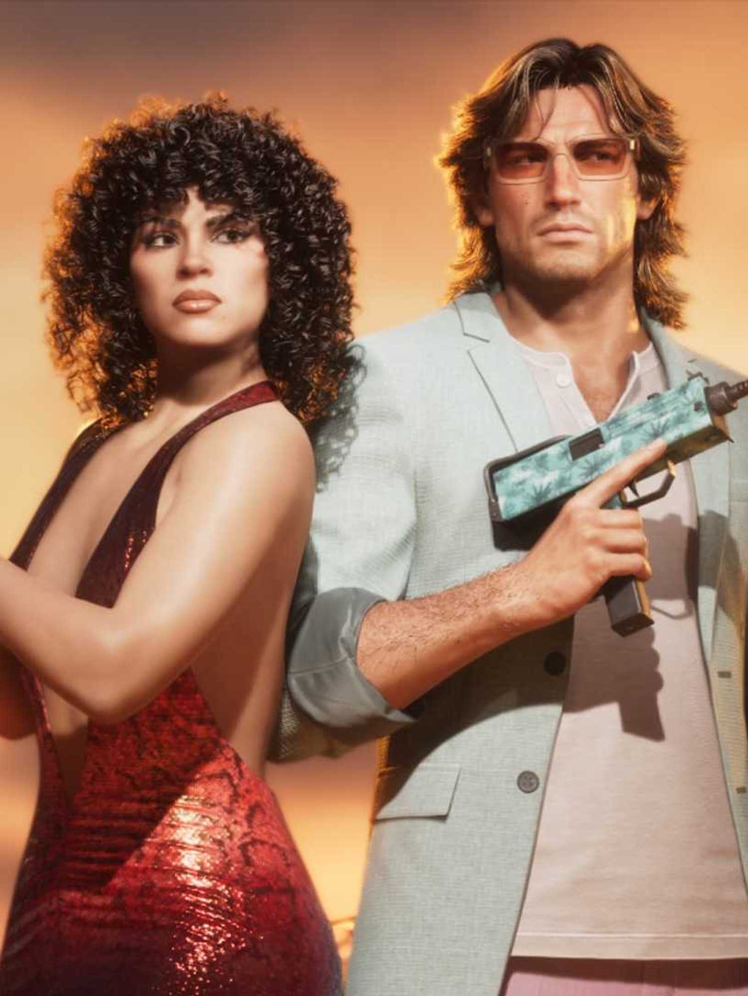 An official screenshot of Jason and Lucia in the GTA 6 Vintage Vice City Pack