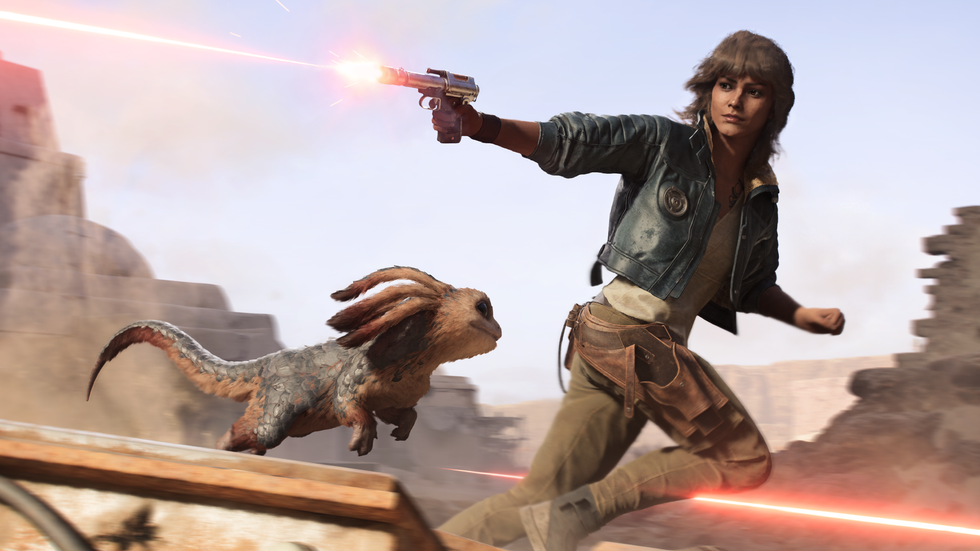 An official screenshot of Kay and Nix in Star Wars Outlaws