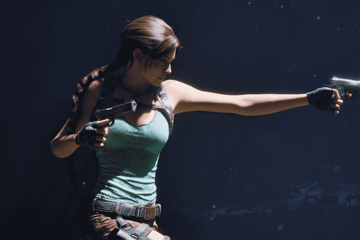 An official screenshot of Lara Croft dual wiedling pistols in Tomb Raider Legacy of Atlantis