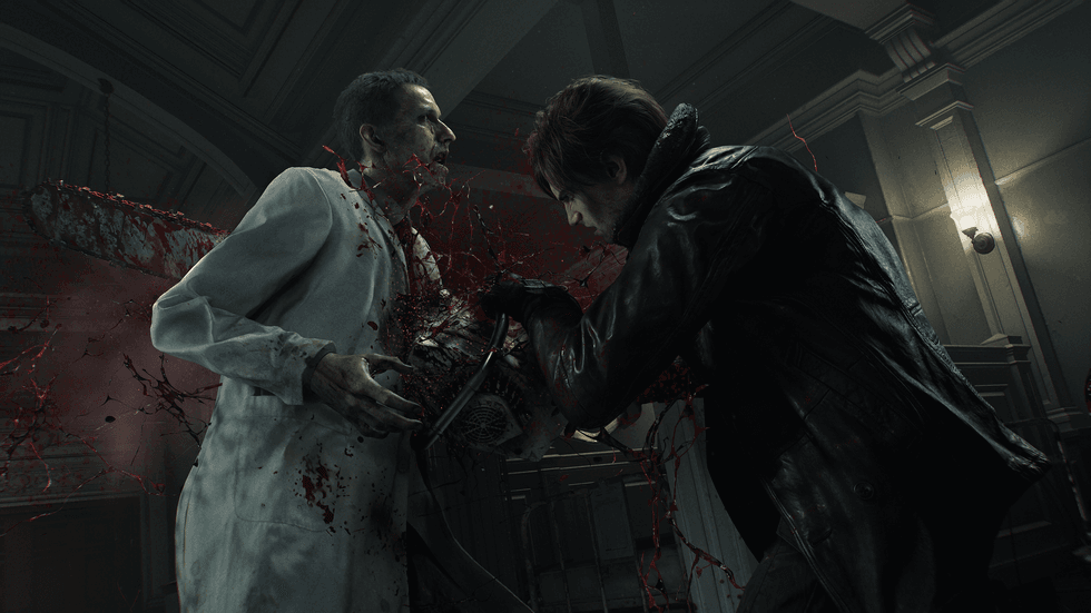 An official screenshot of Leon attacking an infected enemy in Resident Evil Requiem