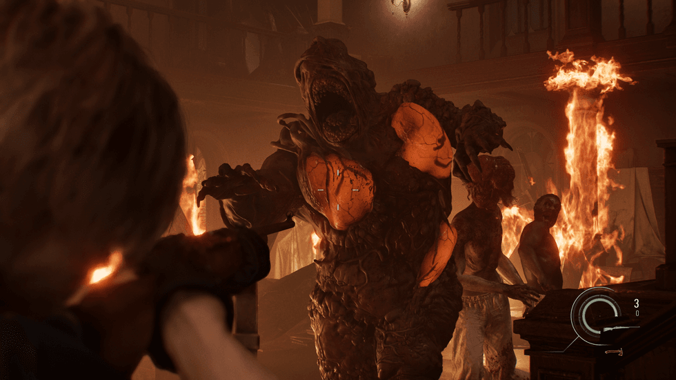 An official screenshot of Leon taking on infected enemies in Resident Evil Requiem