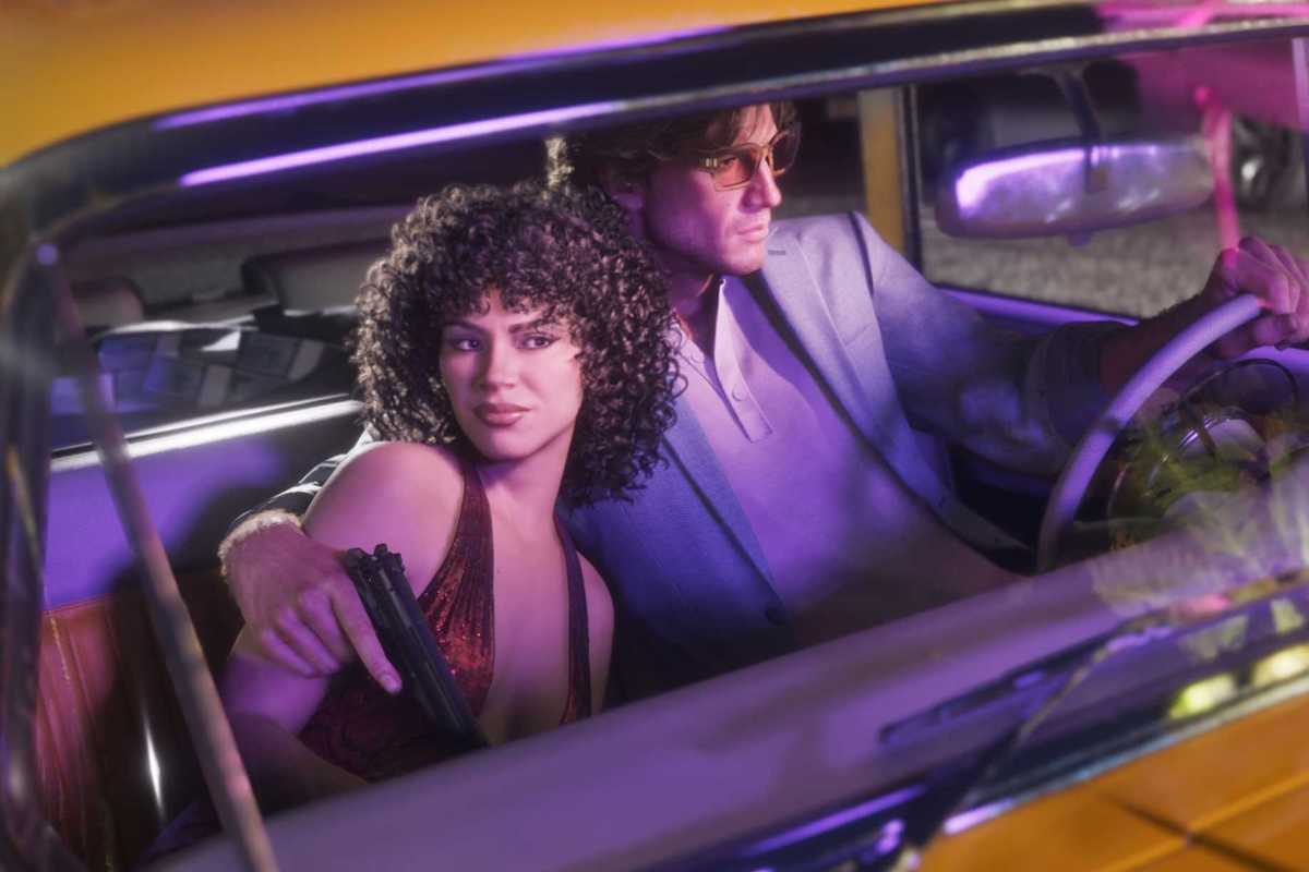 An official screenshot of Lucia Caminos and Jason Duval from the GTA 6 Vintage Vice City Pack