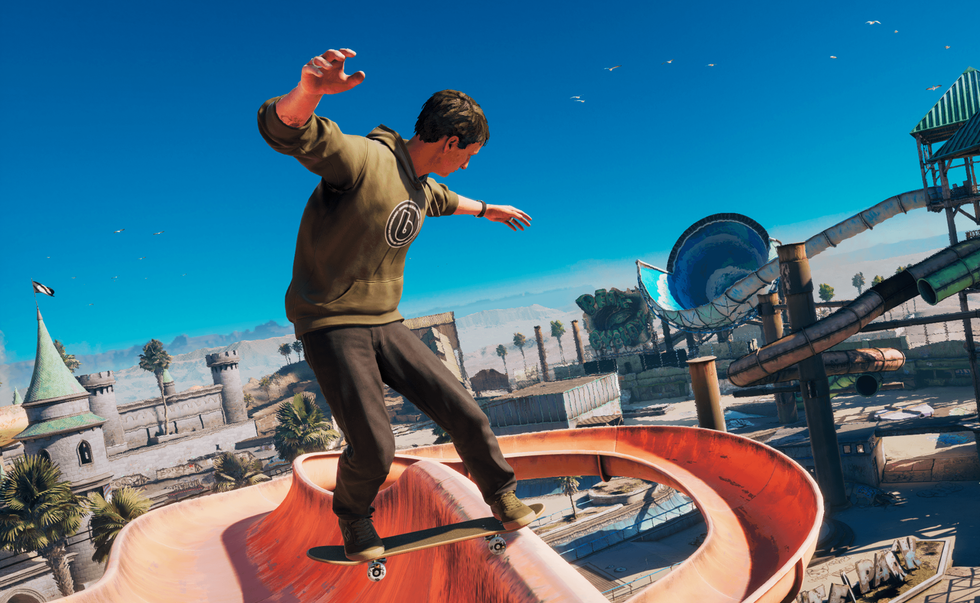 An official screenshot of Tony Hawk in waterpark from Tony Hawk's Pro Skater 3+4