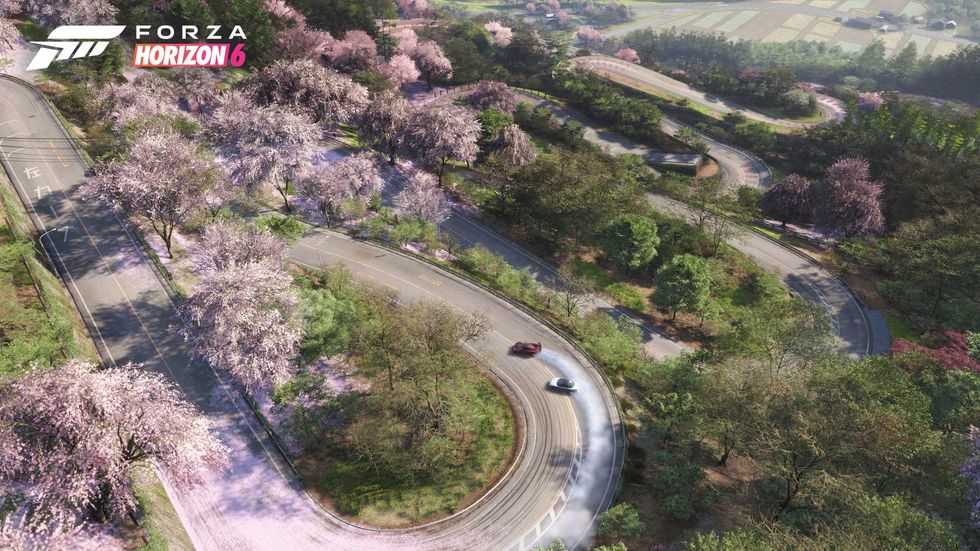An official screenshot of two cars drifting around a twisty road in Forza Horizon 6