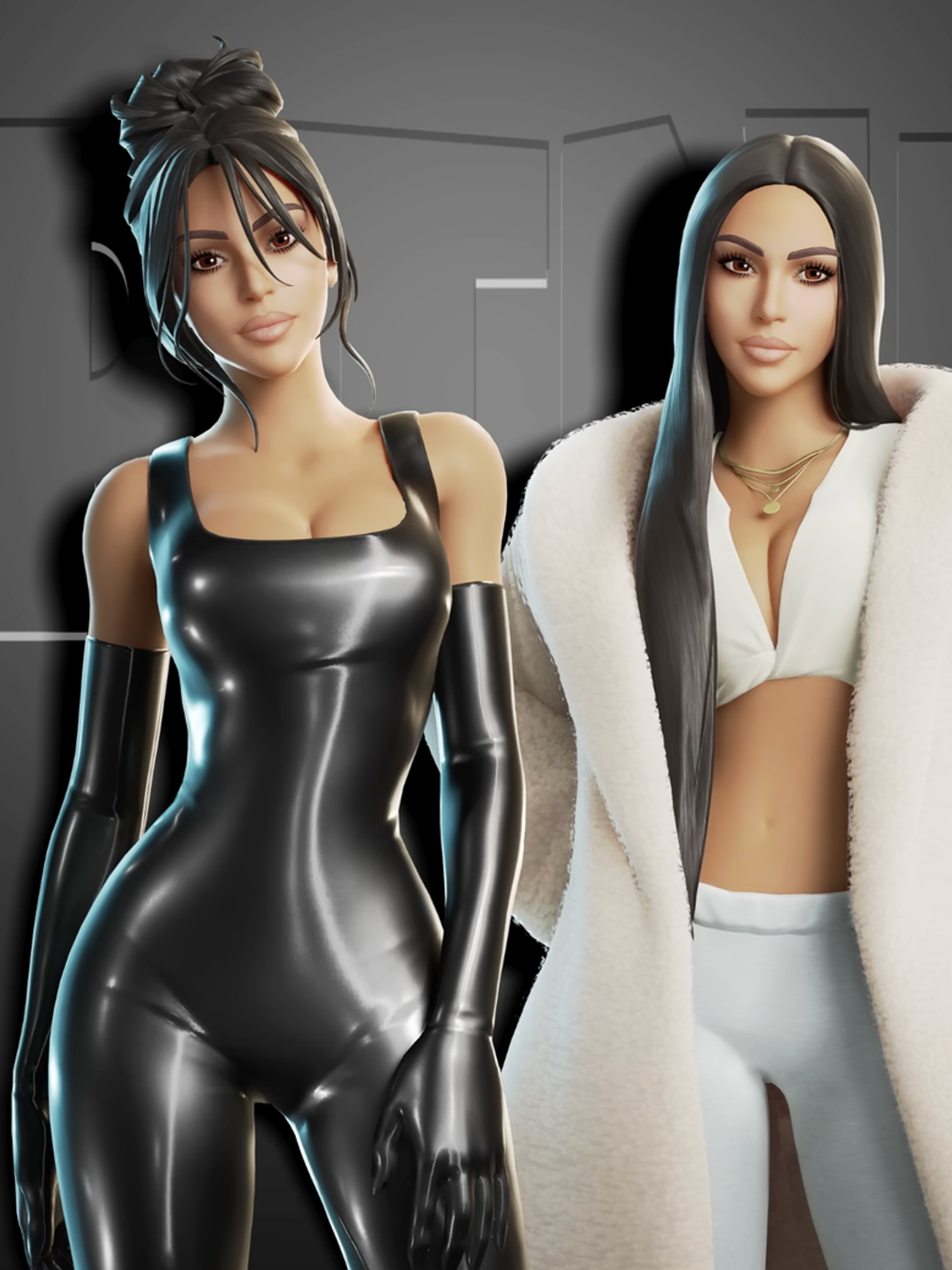 An official screenshot of two different Kim Kardashian skins in Fortnite