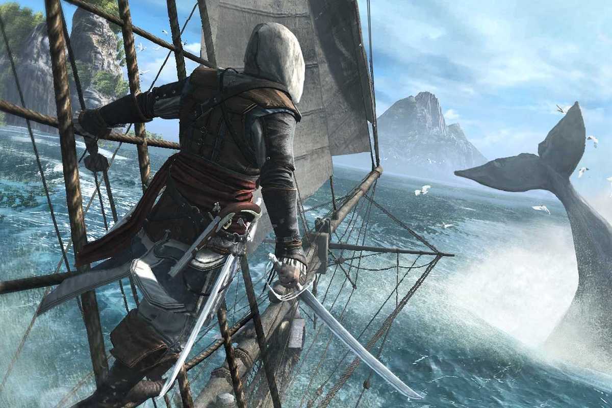 An screenshot from Assassin's Creed IV Black Flag of Cpt Edward Kenway on a ship with a whale in the sea in front of him