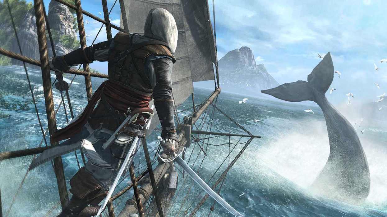 An screenshot from Assassin's Creed IV Black Flag of Cpt Edward Kenway on a ship with a whale in the sea in front of him
