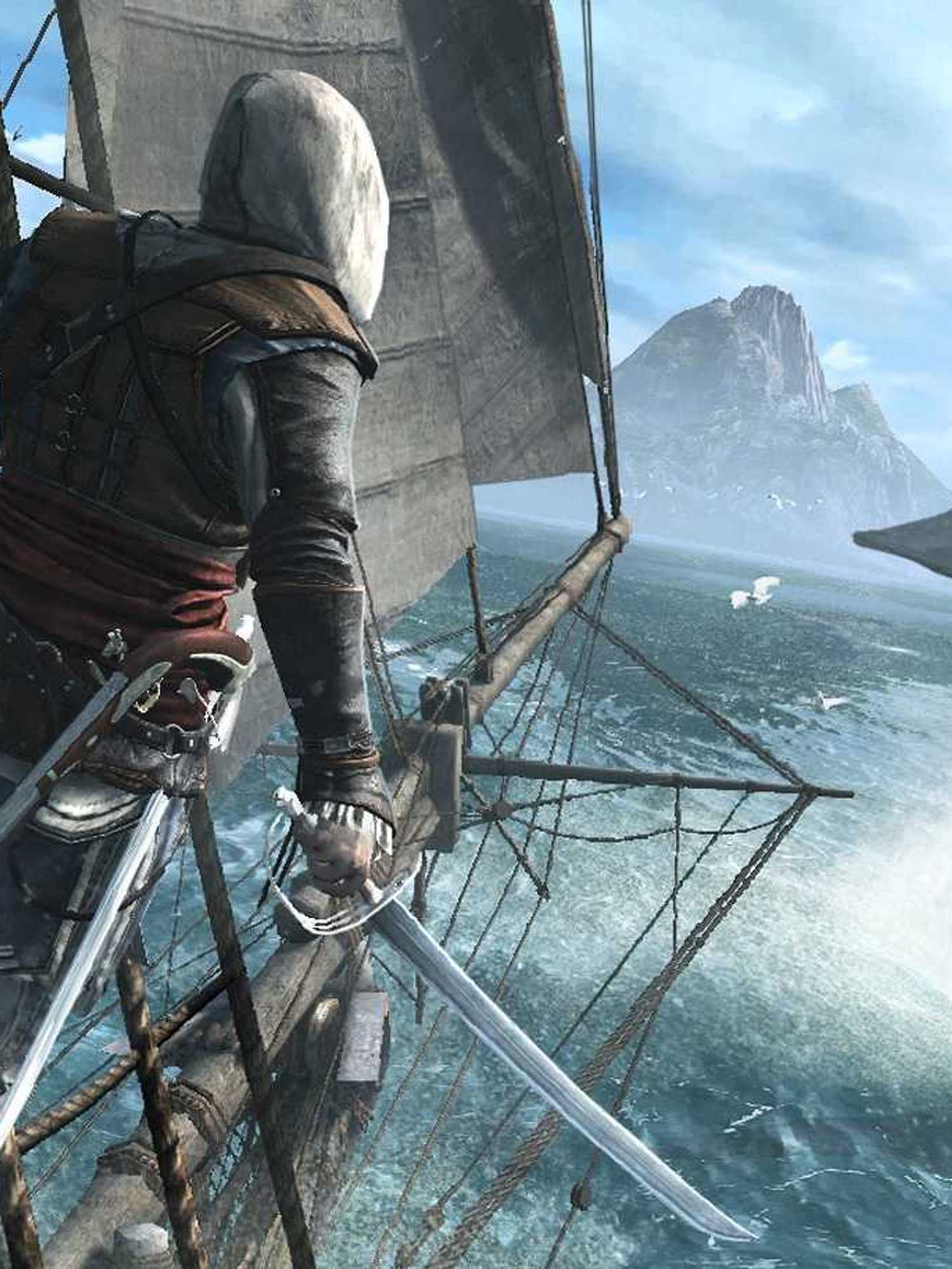 An screenshot from Assassin's Creed IV Black Flag of Cpt Edward Kenway on a ship with a whale in the sea in front of him