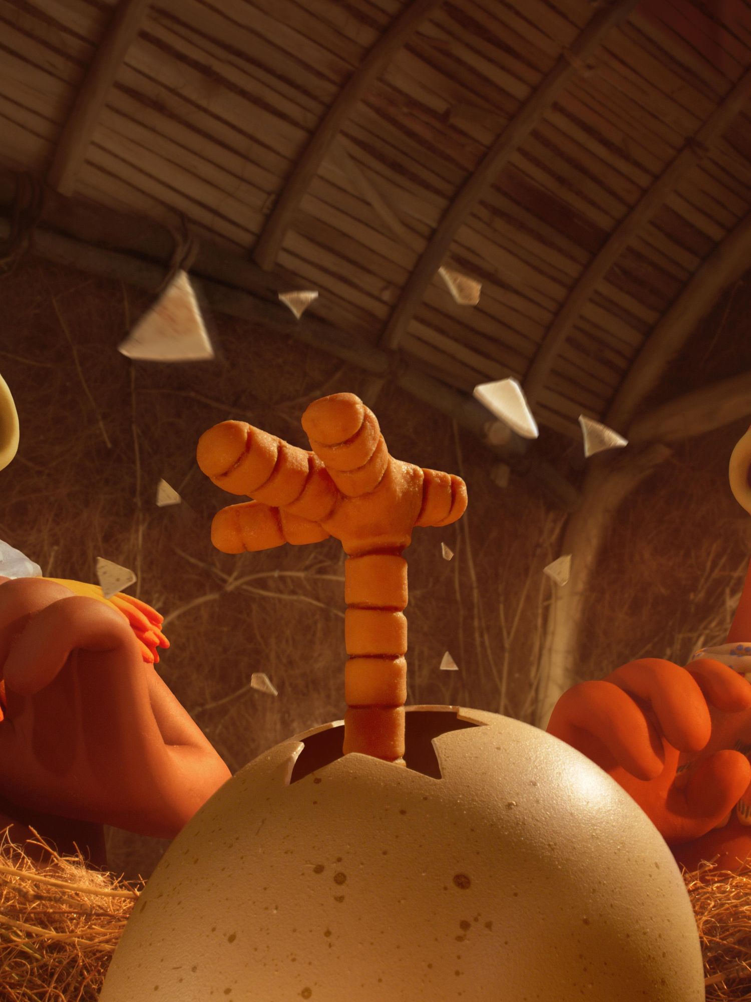 Animation still from Chicken Run 2, showing a foot emerging from a cracked egg and two chickens (Ginger and Rocky) bending back in surprise.