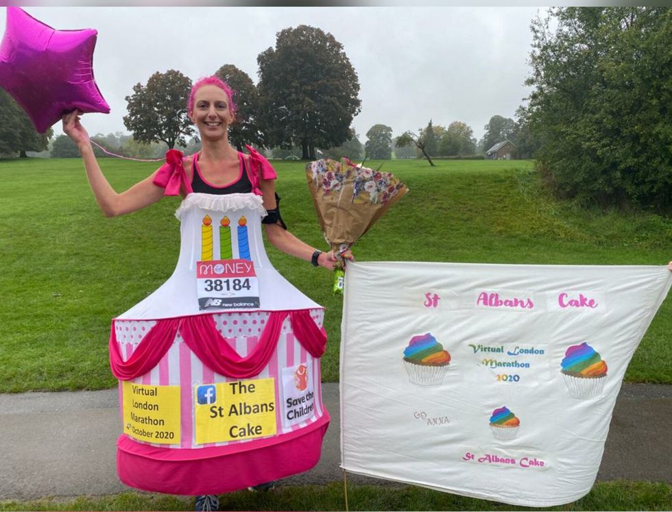 Anna Bassil is pictured after she completed her 2020 Virtual London Marathon on 4th October 2020 where she ran 26.2 miles around St Albans. She has since upgraded her costume.