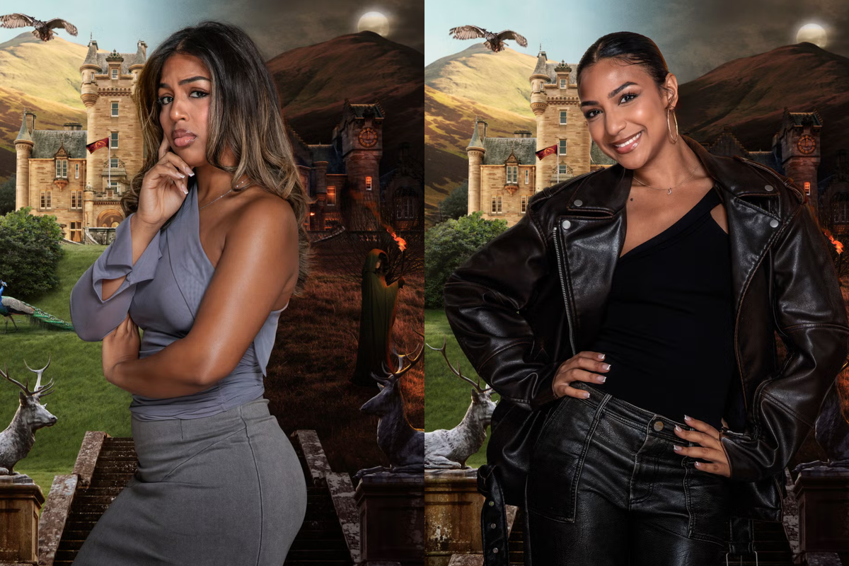 Armani and Maia pose outside the Traitors castle for promotional photos