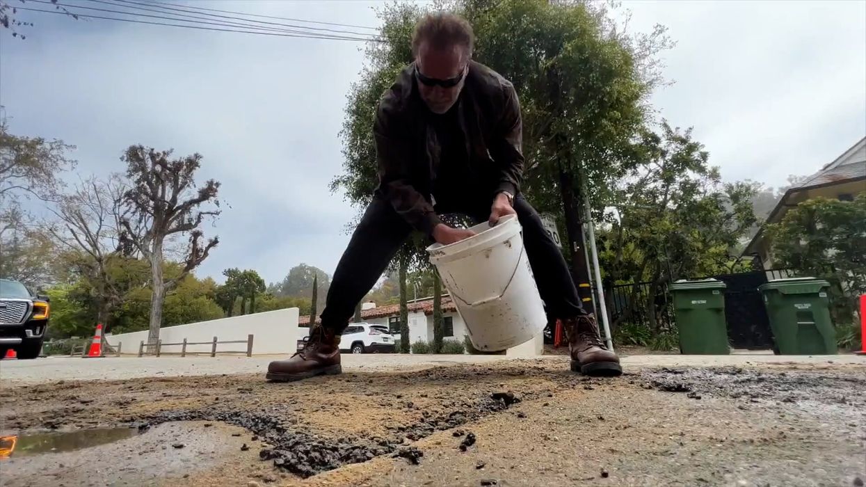 Bizarre moment Arnold Schwarzenegger takes it upon himself to fill giant pothole