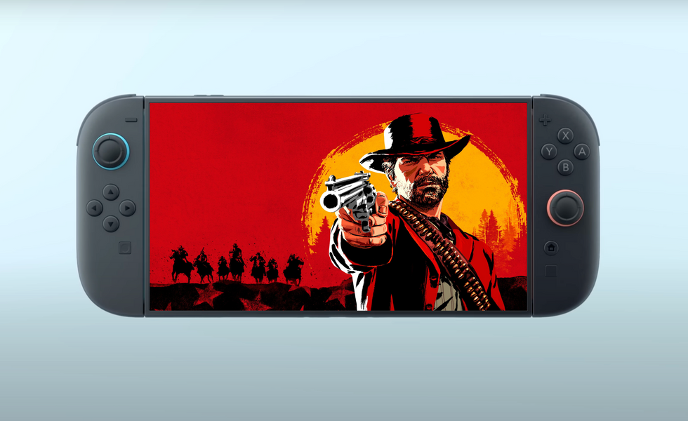 Artwork for Red Dead Redemption 2 overlaying a screenshot of the Nintendo Switch 2