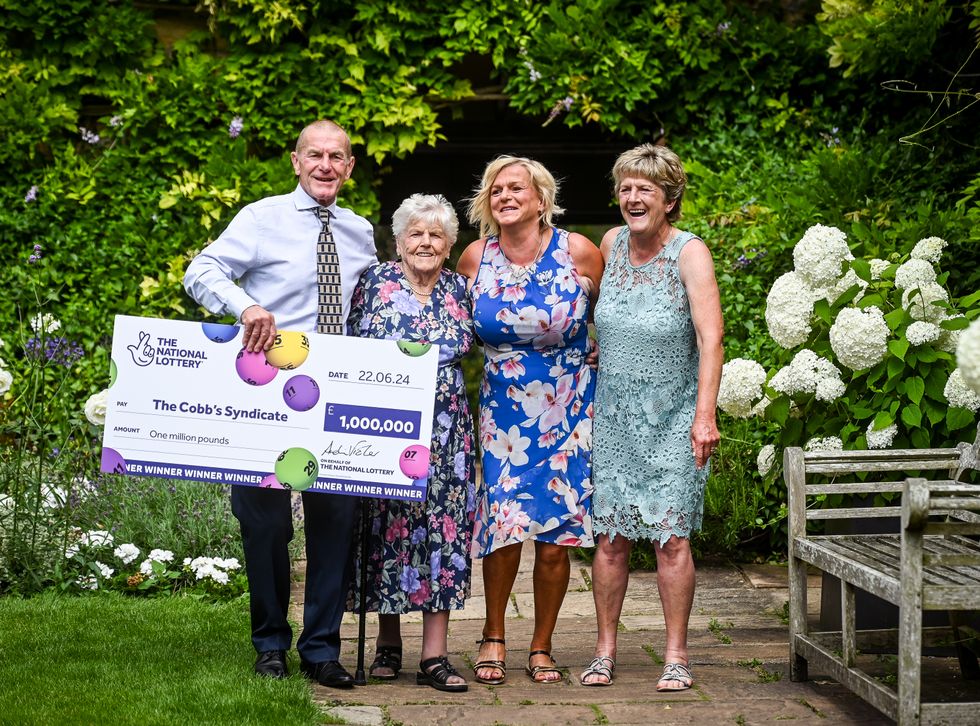 Audrey Cobb, 87, and her three children David Cobb, 67, Carol Nobbs, 55 and 60-year-old Sandra Digby, have each won a share of \u00a31,000,000 after their syndicate's lottery numbers came in. (National Lottery/ PA)