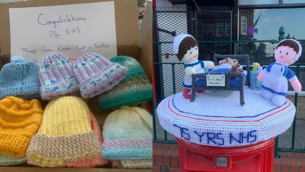 Knitting group create postbox topper and 75 baby hats for NHS 75th anniversary