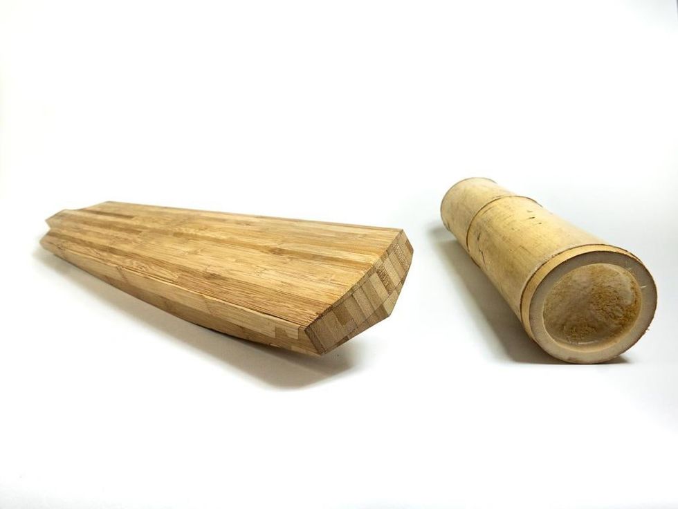 Bamboo cricket bat prototype and section of bamboo_credit_Ana Gat\u00f3o
