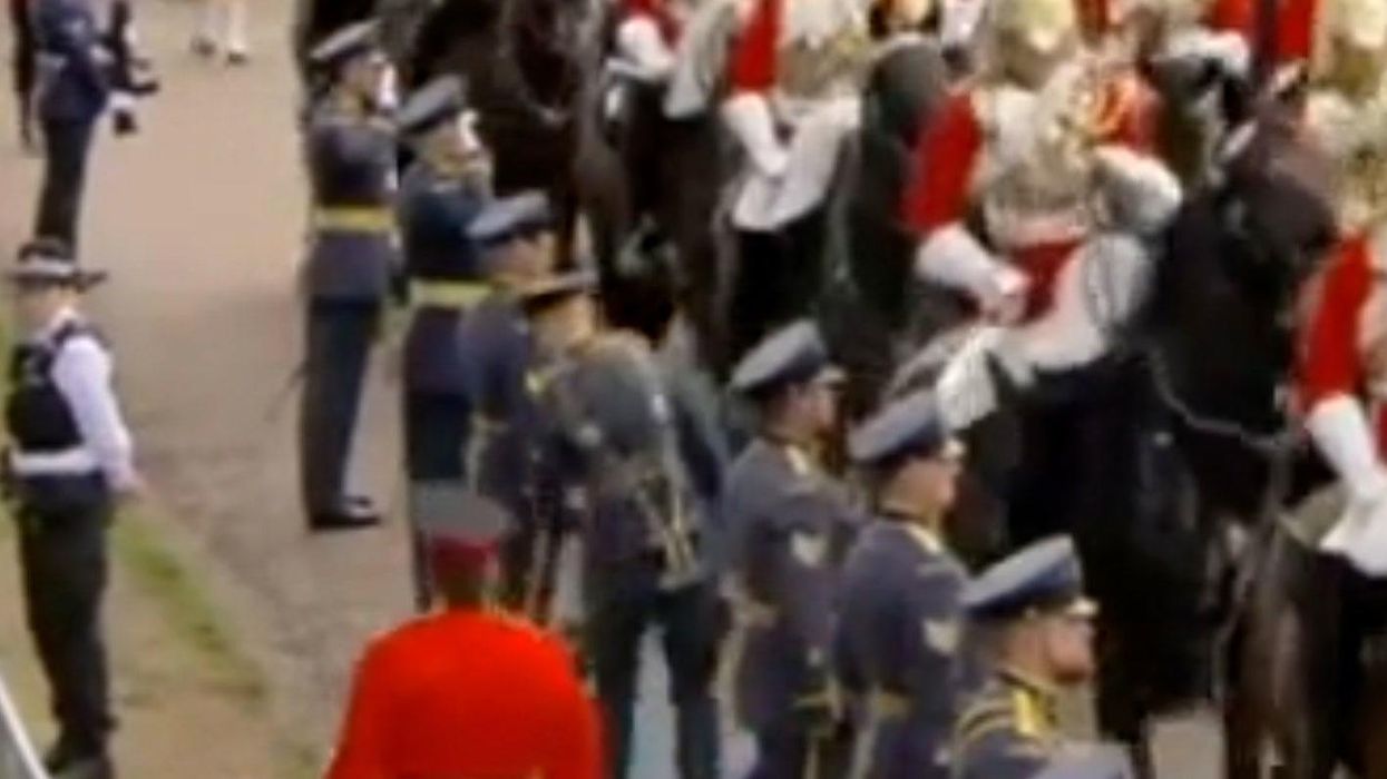 Bandsman whipped in the face by horse tail during Queen's coffin procession