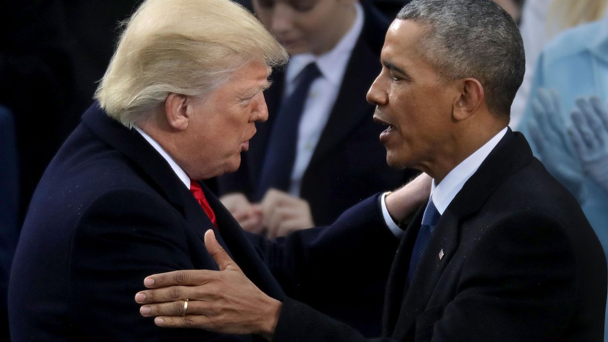 Barack Obama congratulates Donald Trump as the latter takes the oath of office in January