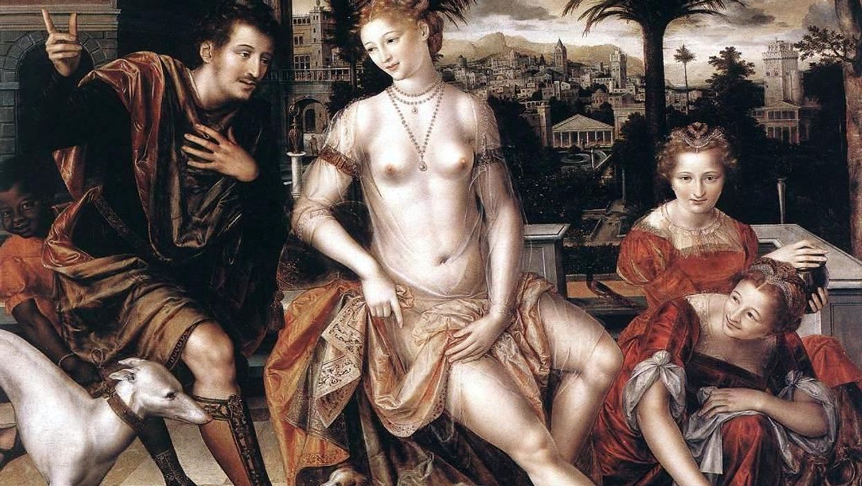 Bathsheba with David's messenger, as the king watches from his roof, 1562 Jan Massys