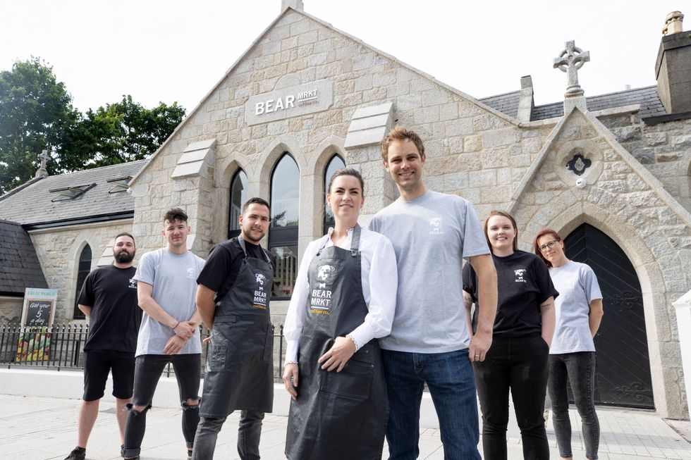 Bear Market Coffee founders Stephen and Ruth Deasy with Head Barista Gianluca Mereu and their colleagues at their new roastery in a former church in Dublin\u2019s Stillorgan. Picture by Andres Poveda.