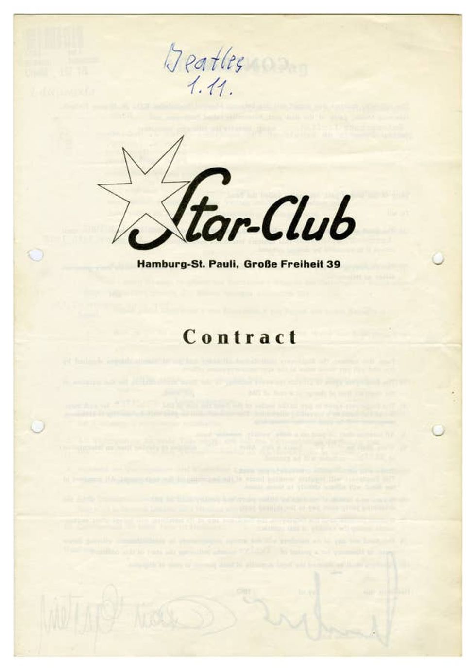 Beatles contract for Hamburg residency up for auction