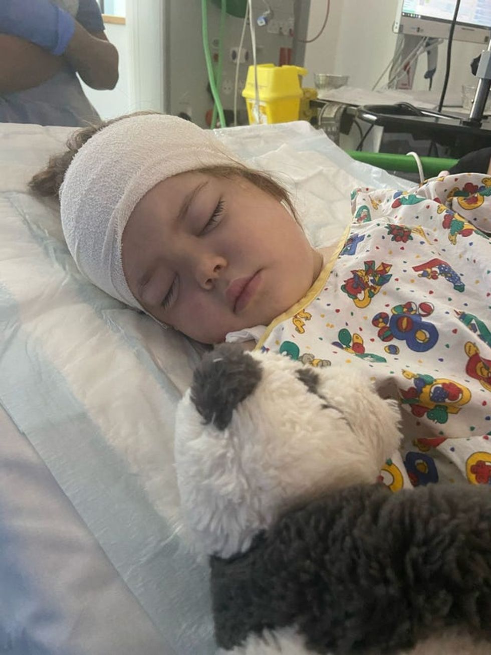 Bella in hospital asleep next to a cuddly toy and with a bandage around her head