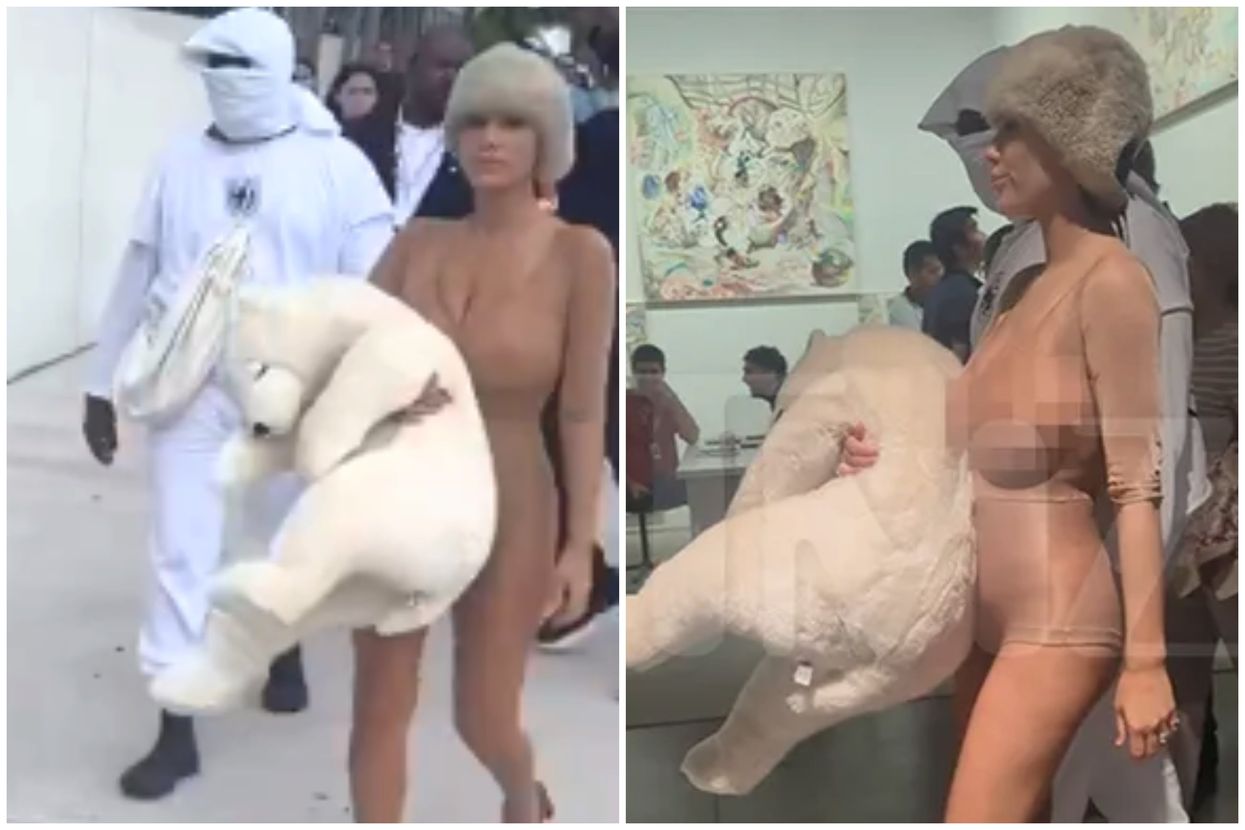 Kanye West's wife covers see-through outfit with cuddly toy in latest eyebrow-raising stunt