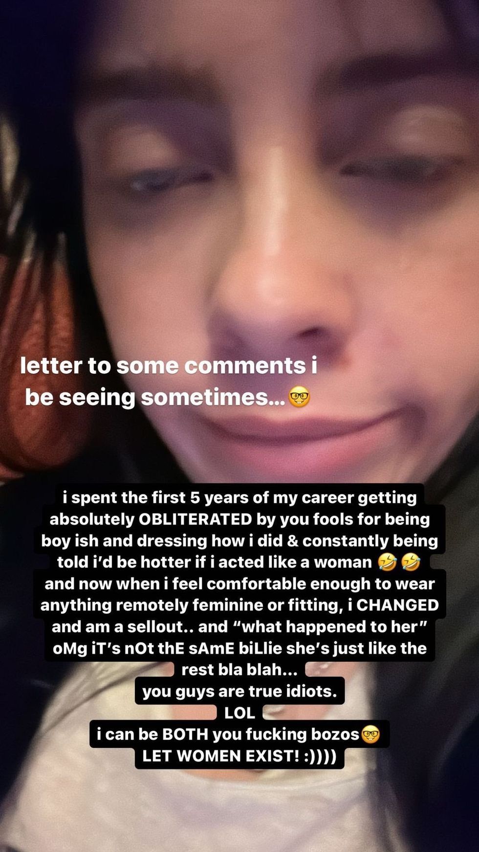 Billie Eilish on her Instagram story