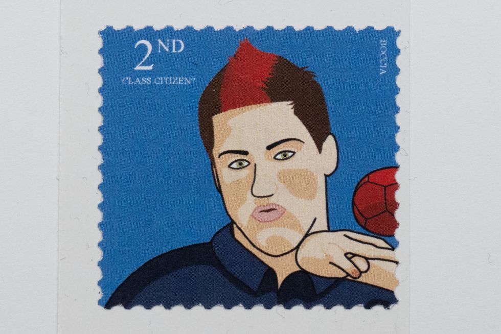 Boccia player David Smith MBE features on one of the mock stamps. (CPG/ Adult CP Hub/ PA)
