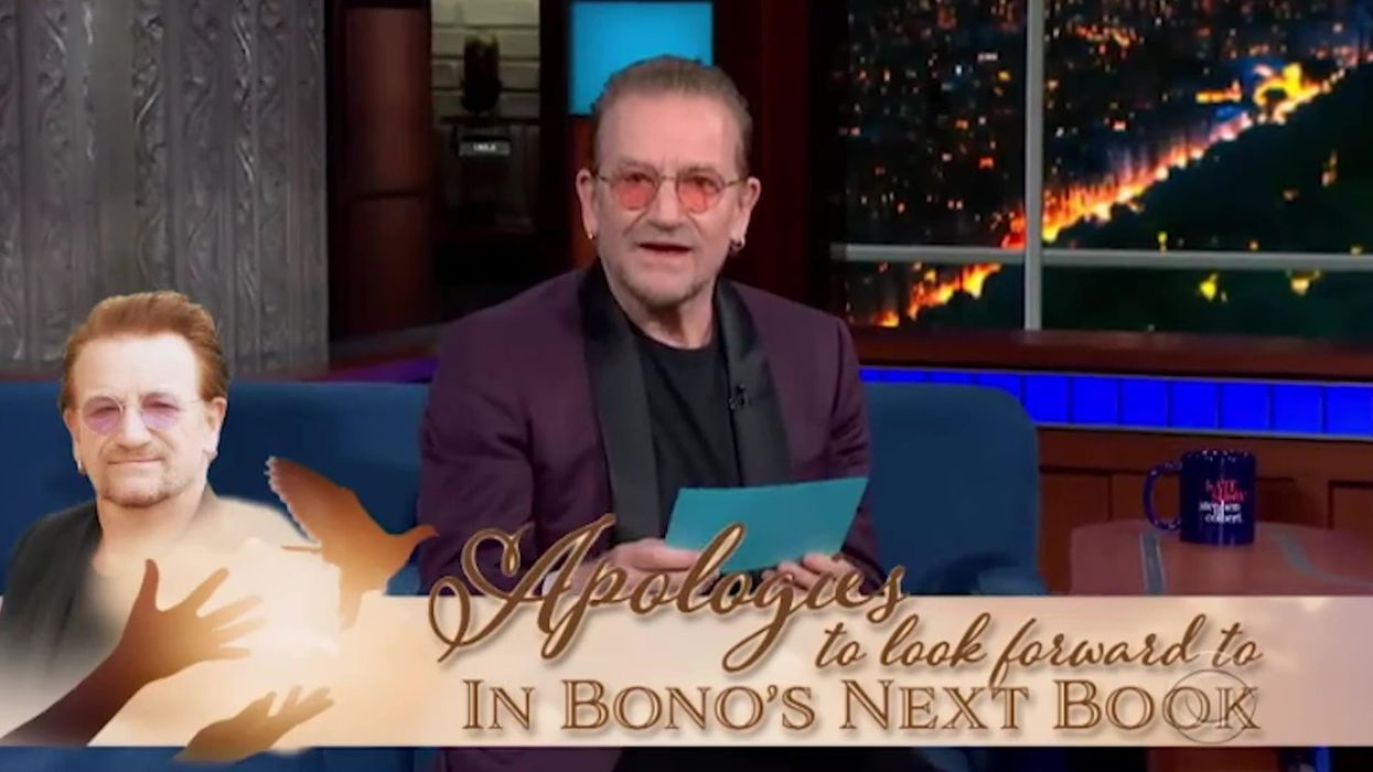 Bono jokes he can't take his glasses off because he's like Cyclops from the X-Men